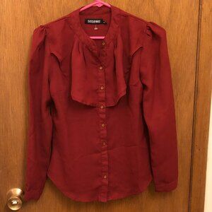 Sassafras red button down top with flounce detail